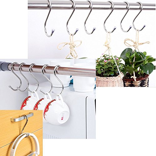 Soqool Stainless Steel Hooks Shower Curtain Rings/Hook 10 Pack S Shaped Hanger Closet Hanging Hooks Kitchen/Bathroom/Office Hooks for Hanging a Multitude of Items(Small)