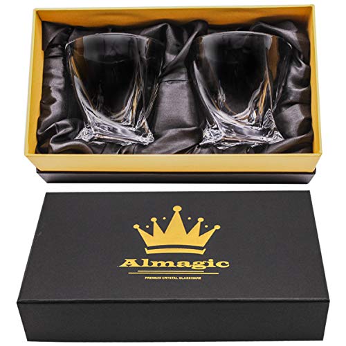 Almagic Whiskey Glass Set of 2 Lead Free Crystal Old Fashioned Glass 10oz for Scotch or Bourbon Gift Boxed (Free 9 Granite Chilling Whiskey Stones + Velvet Bag) - Thumbnail 5