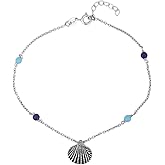 Vanbelle Sterling Silver Jewelry - Rhodium Plated 925 Stamp - Sea Shell Charm and Beads Anklet - Elegant Stylish Beautifully Designed for Women - 9" Long + 1" Extender