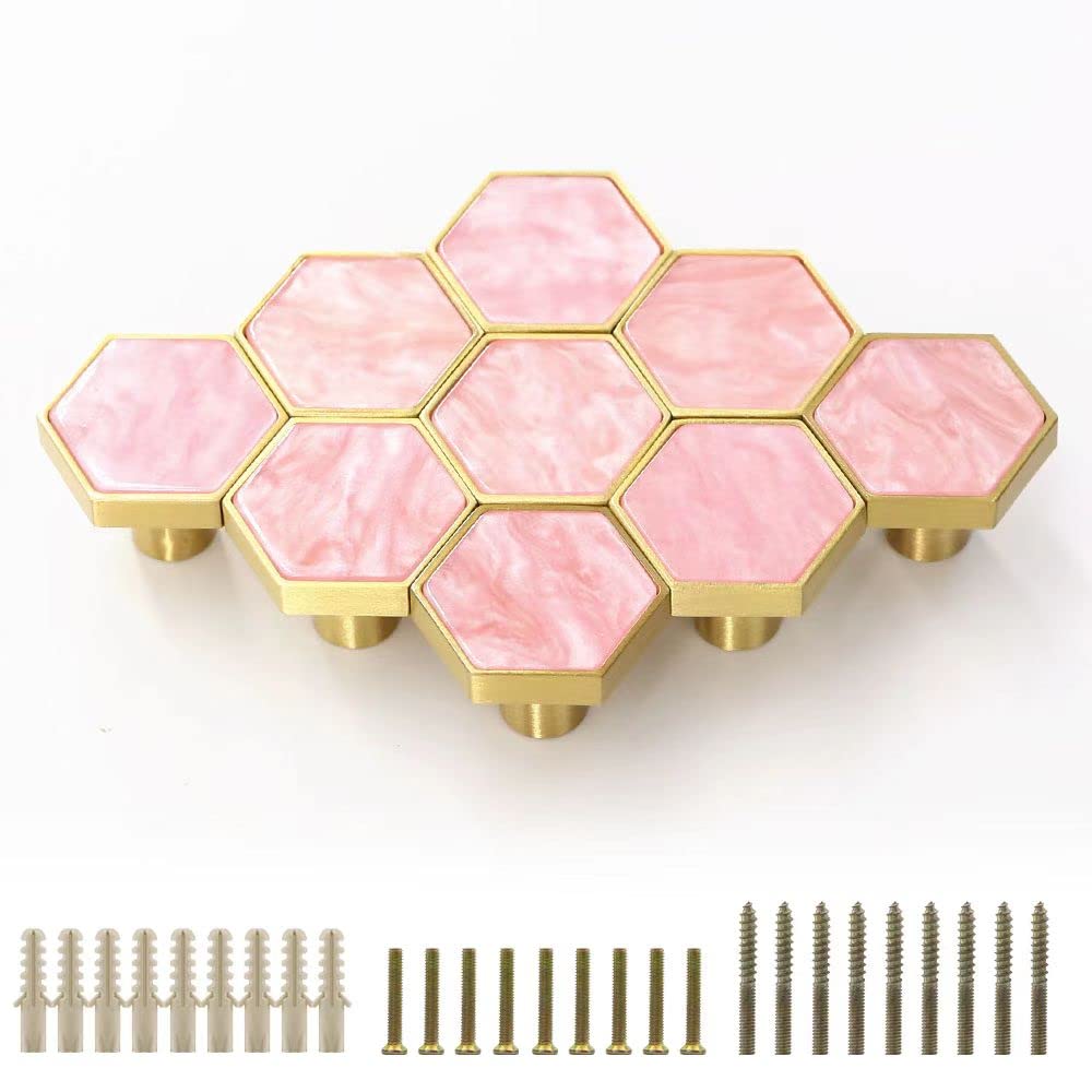 GDICONIC 27mm Gold Brass Cabinet Door Drawer Knobs Home Kitchen Decorative Cupboard Handle Hardware Wall Mounted Coat Hook (9, Pink（25mm Hexagon ）)