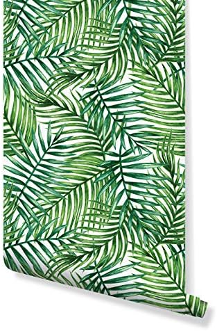 Temporary Self Adhesive Removable Wallpaper with Watercolor Green Tropical Palm Leaves, Great for Home Improvement Wall Decor CC162 (24" x 48")
