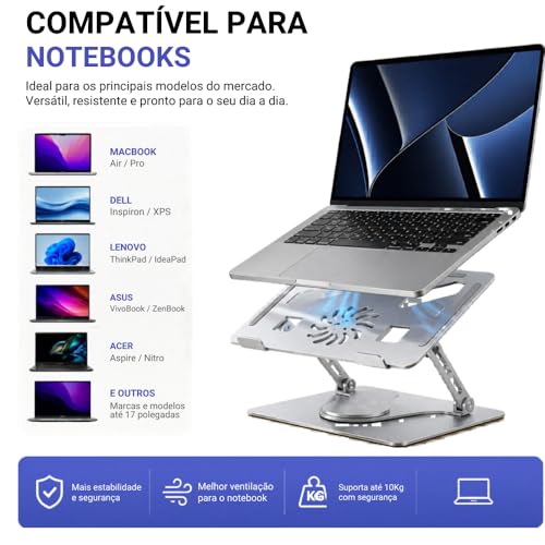 Suporte para Notebook Alumínio Premium Giratório 360° | Base Ergonômica Ajustável e Dobrável para Laptop até 17” | Ideal para Home Office, Setup Gamer e Escritório