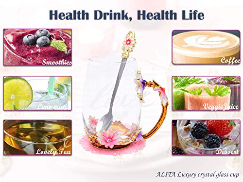 ALITA Luxury Handmade Pink and Purple Flower Crystal Glass Tea Cup/Coffee Mug with Spoon Gift Set (12oz)