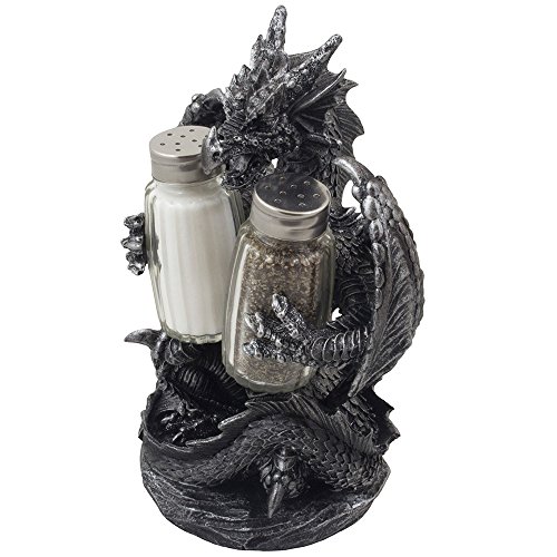 Mythical Dragon Salt and Pepper Shaker Set with Holder Figurine for Medieval & Fantasy Bar or Kitche - //coolthings.us