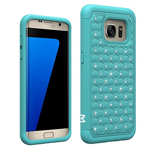 S7 Edge Case, MagicSky [Shock Absorption] Studded Rhinestone Bling Hybrid Dual Layer Armor Defender Protective Case Cover for Samsung Galaxy S7 Edge (Cyan)