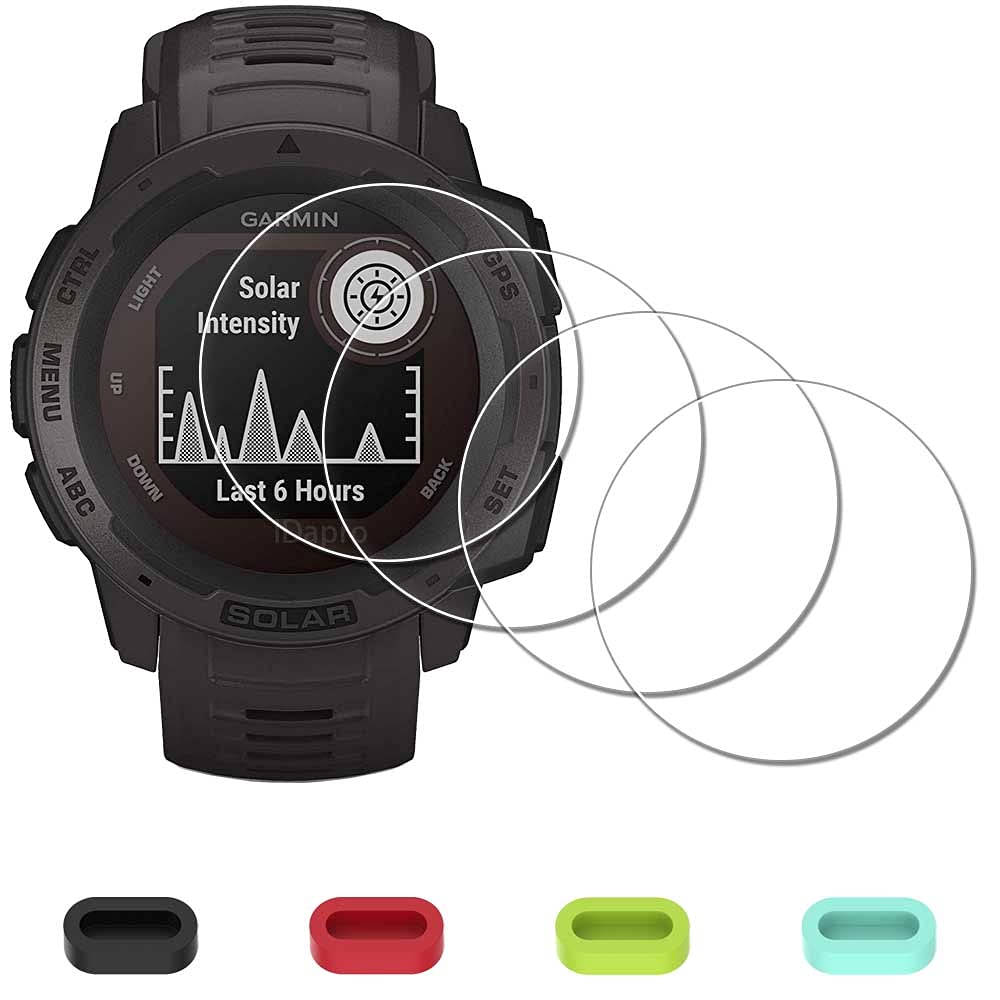 Photo 1 of iDaPro[4 Pcs Screen Protector for Garmin Instinct Solar Tactical/Instinct Tactical/Instinct Watch(Not for Instinct 2/2s/2x/3/E) + Silicone Anti-dust Plugs,Tempered Glass Anti-Scratch Bubble-Free