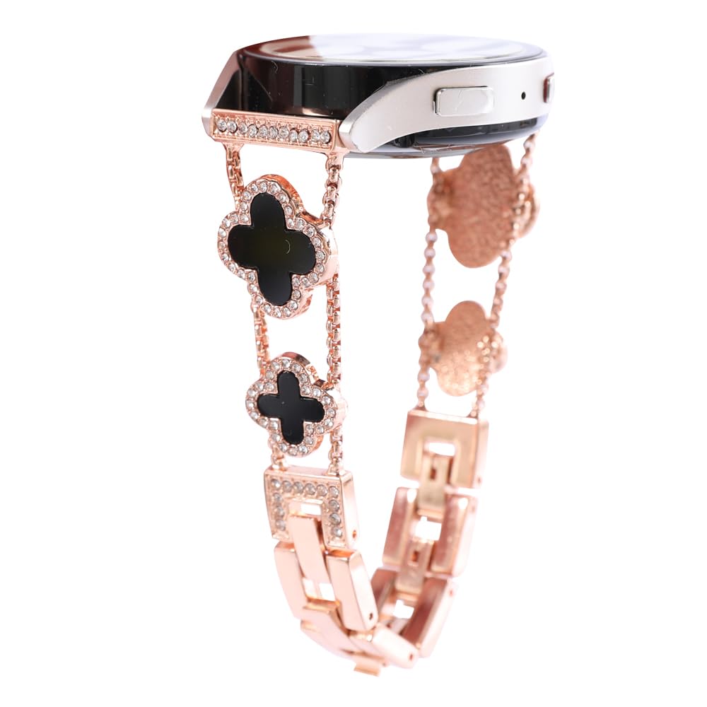 Chinmumu for Samsung Galaxy Watch 7 6 5 4 FE Band 40mm 44mm, 20mm Watch Band,Four Leaf Clover Women Bling Diamond Band for Watch 6/4 Classic 5 Pro Active 2 43mm 47mm 42mm 46mm (rose gold/black)