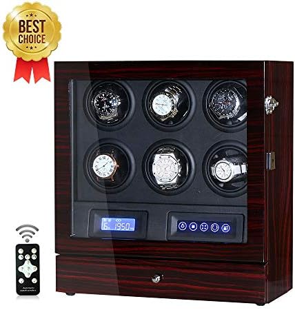 Luxury Watch Winder Box 6 Automatic Watch Storage case with Mabuchi Motor/LCD Touch/Remote Control/TPD Modes (Ebony+Black)