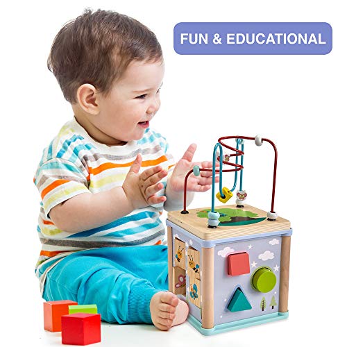 Gleeporte New | 5-in-1 Wooden Activity Play Cube | Deluxe Multi-Function Bead Maze Learning Toy for Toddlers and Kids | Ideal Gift