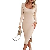 AOMEXAGA Women's Bodycon Ribbed Knit Sweater Dress Fall Winter Casual Square Neck Long Sleeve Side Slit Classy Midi Dresses