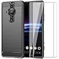 WDMYLFTW for Sony Xperia Pro-I Case with 2 HD Screen Protector, Upgraded Non-Slip Shock-Absorption Flexible TPU Carbon Fiber Bumper Soft Rubber Protective Phone Case Cover (Black)