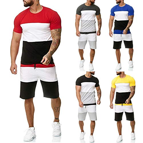 Striped Patchwork Jogging Sets for Men,Short Sleeve Tops+Drawsting Short Pants Sports Suit Tracksuit Sweat Suits by Leegor Dark Gray