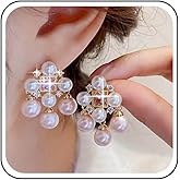 Yheakne Vintage Crystal Pearl Chandelier Earrings Boho Pearl Tassel Drop Earrings Pearls Cluster Chandelier Earring Gold Cz Pearls Chain Earring Jewelry for Women