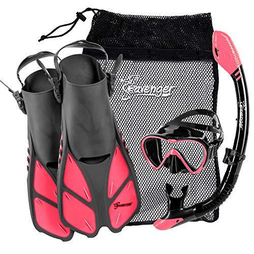 Seavenger Aviator Snorkeling Set | Travel Trek Fins, Dive Mask, Dry Top Snorkel and Gear Bag | Kids and Adults (Gray/Black Silicone/Coral Pink, S/M)