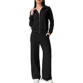 QINSEN Women's Cotton 2 Piece Outfits Lapel Long Sleeve Zip Up Sweatshirt Wide Leg Pants Matching Tracksuit Sets