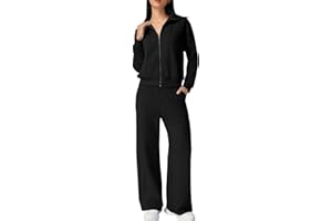 QINSEN Women's Cotton 2 Piece Outfits Lapel Long Sleeve Zip Up Sweatshirt Wide Leg Pants Matching Tracksuit Sets