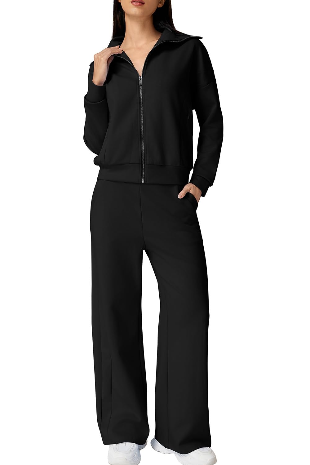 Photo 1 of QINSEN Women's 2 Piece Sets Lapel Long Sleeve Zip Up Sweatshirt with Pockets Wide Leg Pants Tracksuit Black M