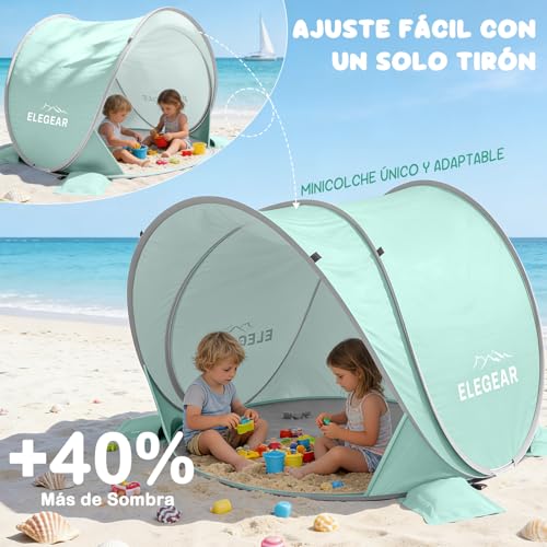 Elegear Carpa de Playa para Bebé Portátil, Pop-Up Refugio Solar con Protección Solar, UPF 50+ Protección UV Carpa de Playa para Bebé, Fácil Instalación y Ligera Tienda con Toldo para Costa,Verde Claro