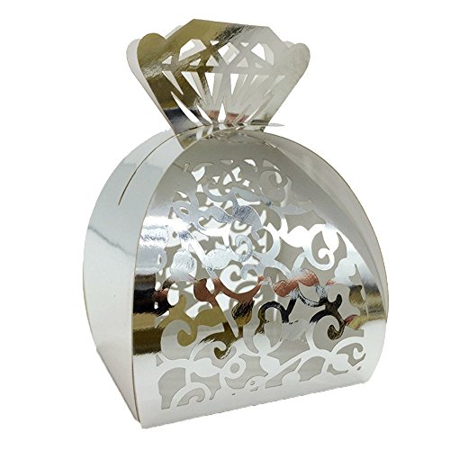 WOMHOPE® 50 Pcs - Jewelry Lock Vine Hollow Laser Cut Roses Flowers Wedding Candy Box Chocolate Candy Wrappers Party Favors for Bridal Shower,Wedding,Party,Birthday Gift (Silver (Reflect light))