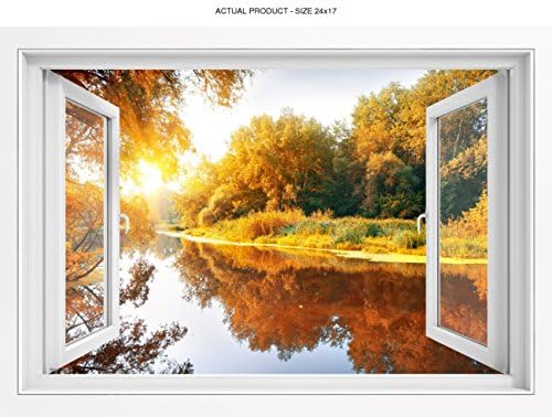 WallPix 24x17 Inch 3D Wall Sticker Decal Mural Window View of Autumn River Sunset - PEEL and STICK - Made from tear-proof, easy-to-clean, durable Bubble Free Material