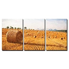 3 Piece Canvas Wall Art - Oil Painting Summer Landscape - Hay Bales on The Field After Harvest - Modern Home Art Stretched and Framed Ready to Hang - 16"x24"x3 Panels