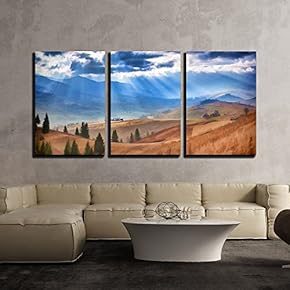 3 Piece Canvas Wall Art - Digital Artwork in Watercolor Painting Style. Beautiful Autumn Landscape - Modern Home Art Stretched and Framed Ready to Hang - 16"x24"x3 Panels