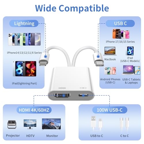 4K@60Hz Adaptateur USB C et Lightning vers HDMI pour iPhone, MFi Adaptateur Lightning HDMI pour ipad,100W Adaptateur USB C vers HDMI pour iPhone 17/16/15/14/iPad/MacBook/Galaxy to TV/Monitor/Projector