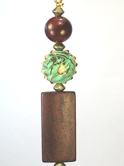 Brass Finish Rich Dark Brown Wood And Artisan Lamp Work Glass Moss