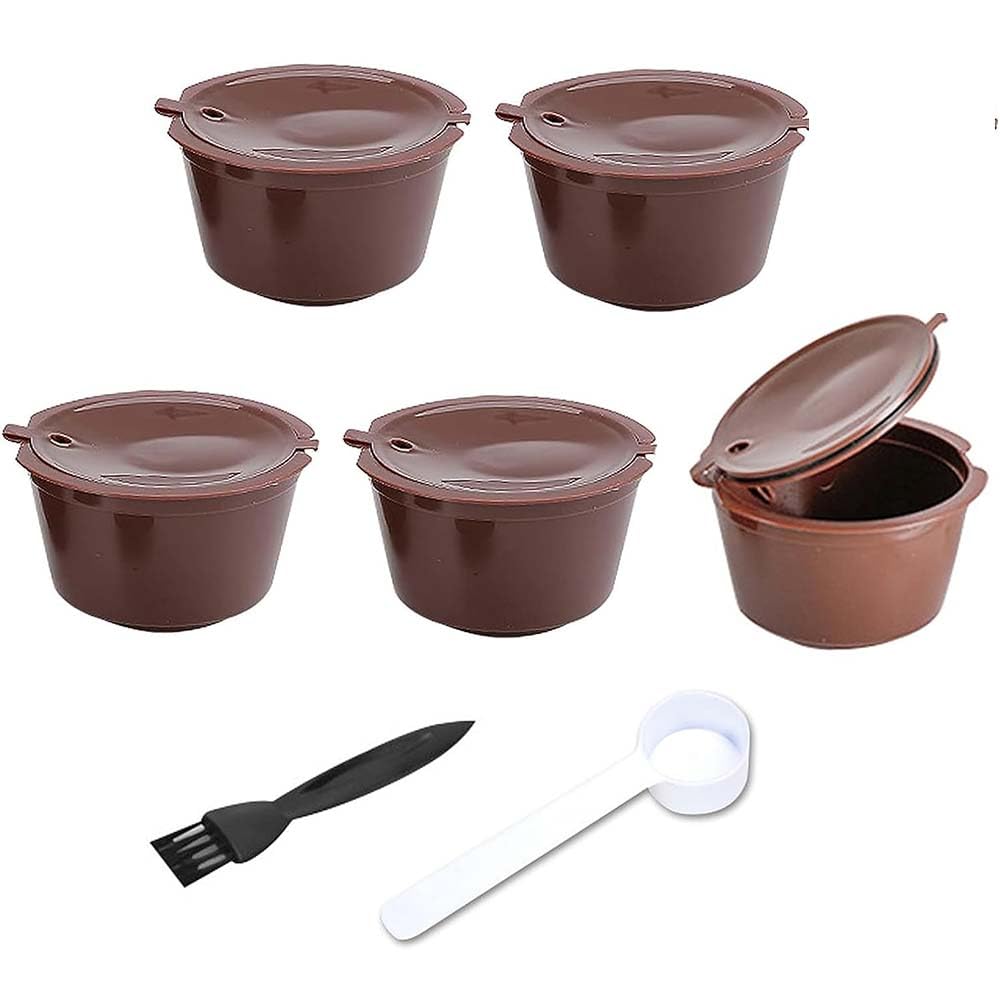 5 Packs Reusable Coffee Capsule Refillable Coffee Filters Coffee Capsule Cups with 1 Plastic Spoon and 1 Cleaning Brush Reusable Coffee Capsules Filter Cups Pods for Ground Coffee