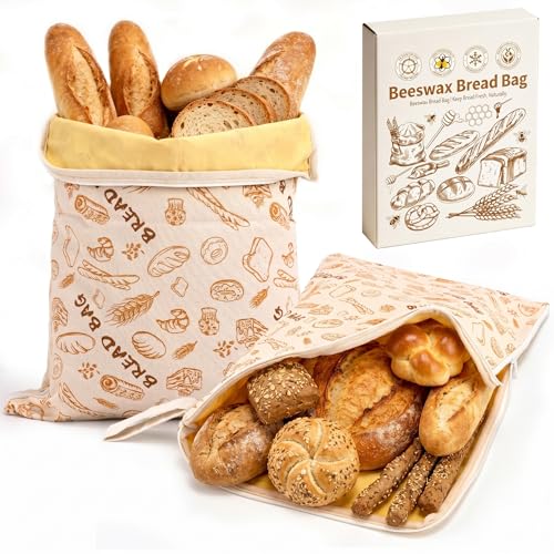 AHJ Sac a Pain Cire Abeille avec Fermeture Éclair, Lot de 2 Sacs de Conservation Pain Réutilisables 43 x 33 cm, Sac à Pain en Coton pour Pain au Levain Fait Maison, Baguette, Fruits et Légumes