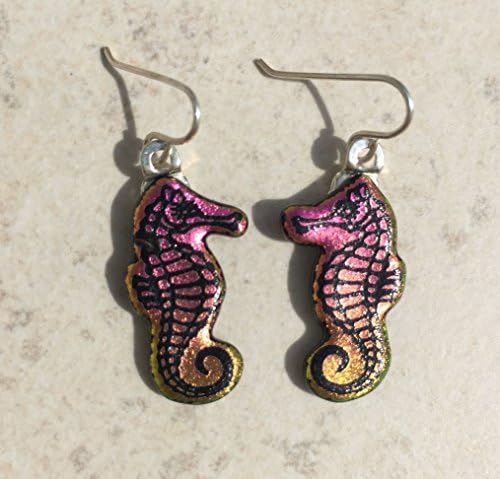 Dichroic Fused Glass Earrings - Pink Yellow Seahorse Laser Engraved Etched Earrings with Solid Sterling Silver Ear Wires