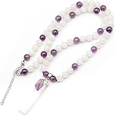 ElisaJewelryArt - Natural Raw Selenite With Amethyst Crystal Beaded Necklace Genuine Selenite And Amethyst Gemstone Clearing Stone Clasp Closure Necklace Unisex Necklace