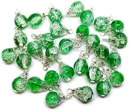 30pcs Handcrafted Crackle Glass Beads Drops w/Silver Wire & Bead Cap for Jewelry Making by Beading Station (Green)
