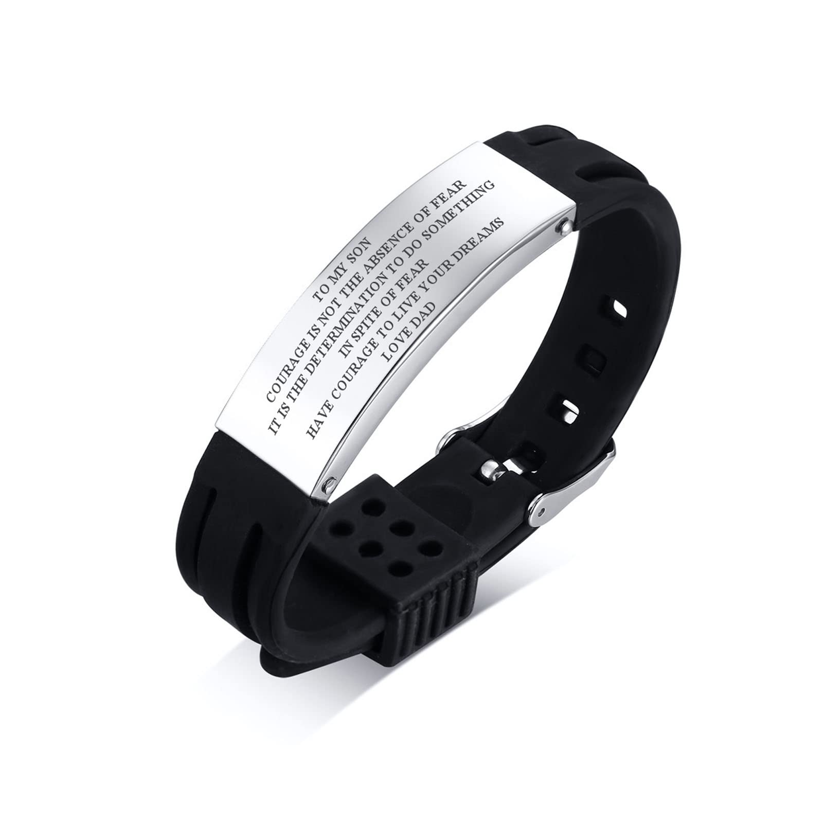 To my Son Bracelet : Engraved Courage Is Not The Obsense Of Fear Courage Inspirational Love Message From Mom Dad Silicone Bracelets Birthday Chirstmas Day Graduation Inspiration Gift For Men Teens
