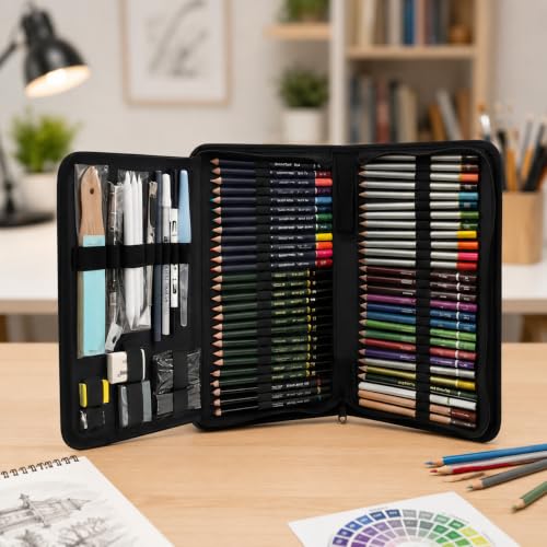 Kit Lapis de Desenho Profissional 75 Peças com Estojo Portátil, Lapis de Cor e Grafite Profissional, Sketchbook, Borrachas, Estilete e Acessórios para Artistas e Estudantes Linha Super Premium