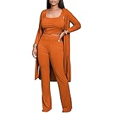 Womens 3 Piece Casual Outfits Open Front Rib Cardigan Crop Tank Tops Wide Legs Pants Duster Lounge Sets