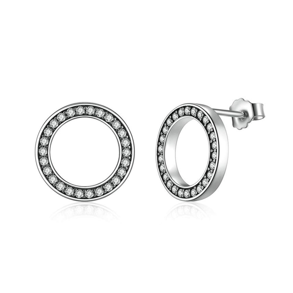 Kämise Silver Stud Earrings for Women, 925 Sterling Silver Small Hollow Circle Studs Earring with White Cubic Zirconia, Hypoallergenic Sleeper Screw Back Ear Rings Best Gift for Anniversary Birthday