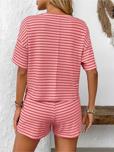 crazy bean Women's Summer 2 Piece Casual Shorts and Top T-Shirt Short Sleeve Striped Round Neck Sports Tracksuit Set