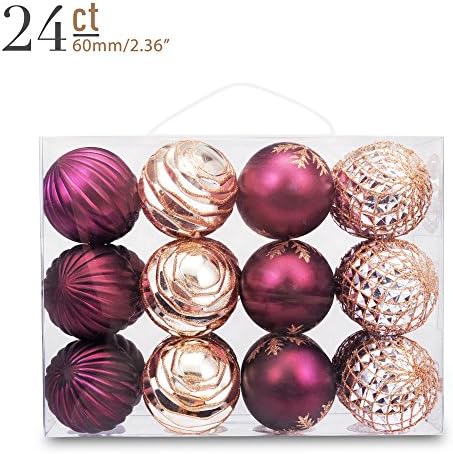 Yoland 2.36" 24-Pack Christmas Ball Shatterproof Ornaments Tree Hangings for Xmas any Holiday Parties Decorations with Gift-Box Champagne Burgundy