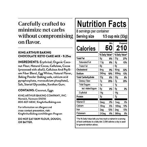 KING ARTHUR BAKING KETO CAKE MIX, CHOCOLATE, 2G NET CARBS 0G ADDED SUGAR PER SERVING, LOW CARB & KETO FRIENDLY, 9.25OZ, WHITE