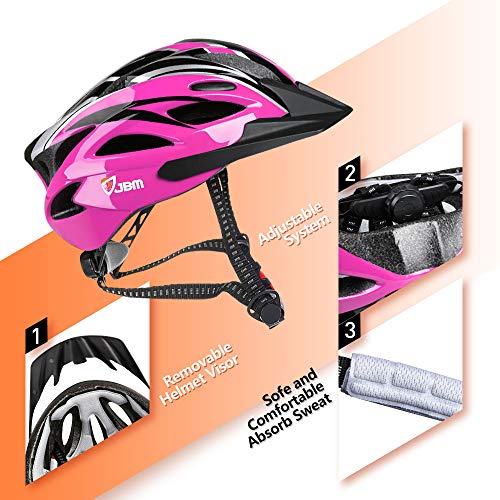 JBM Adult Cycling Bike Helmet Specialized for Men Women Safety Protection CPSC Certified (18 Colors) Black/Red/Blue/Pink/Silver Adjustable Lightweight Helmet (Pink & Black (New), Adult)