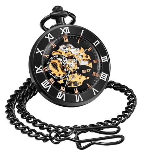 ShoppeWatch Mens Pocket Watch with Chain | Wind Up Pocket Watch Black | Open Face Transparent Mechanical Movement Pocketwatch and Chain | 1920s Railroad Steampunk Costume Accessory PW11