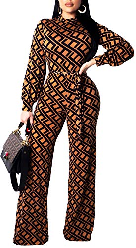 Women Sexy Jumpsuits Casual Turtleneck Long Sleeve Stripes Stretchable Bandage Wide Leg Long Pants Rompers Party Club Brown