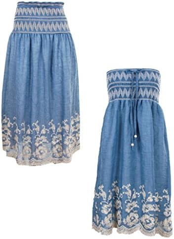 Denim 2 in 1 Skirt/Dress with Floral Pattern Shirring Waistline