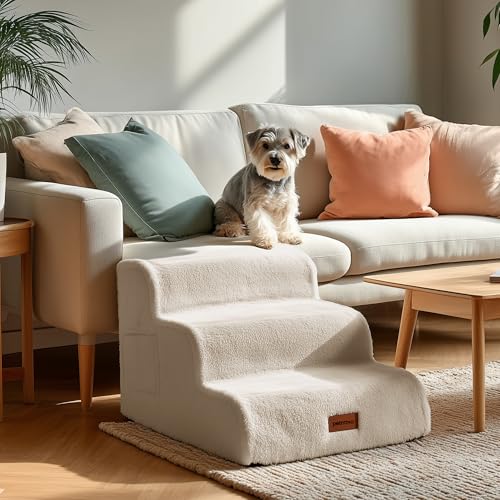 PETNOVO Escalera para Perros de 3 Peldaños para Sofá y Cama, Escalones para Perros Pequeños y Mayores con Felpa Ultrasuave, Base Antideslizante y Funda Lavable, Certificación Oeko-Tex, Beige Crema