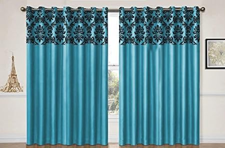 Flocked Damask Fully Lined Eyelet Ring Top Curtains 90 X 90 Teal