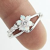 WDIYIEETN 925 Sterling Silver White Opal CZ Crystal Flower Engagement Promise Band Ring (7)