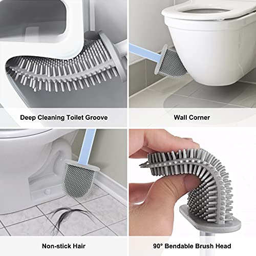 Onlyesh Silicone Toilet Brush with Holder, Wall Mounted Toilet Brush Set with Drain Pad & Extra Hook, Deep Cleaner Toilet Brushes with No-Slip Plastic Handle, for Bathroom Toilet (Blue)