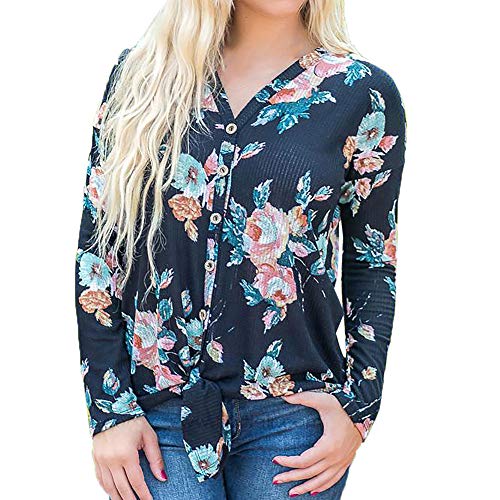 AOJIAN Blouse Women Long Sleeve T Shirt Buttons Twist Knot Floral Print Tunic Tank Shirts Tops
