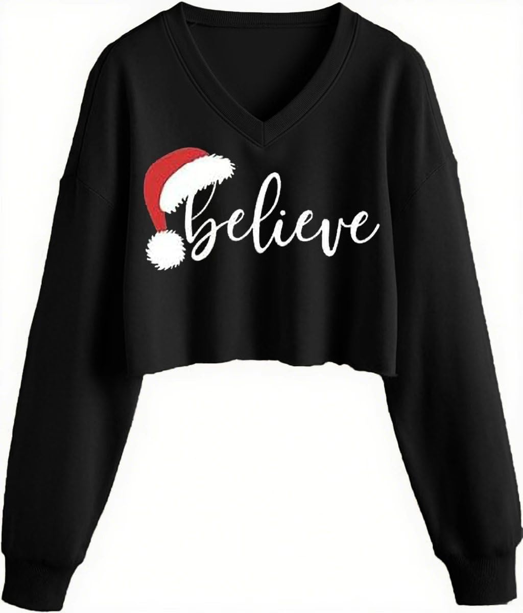 View 1 of (medium) FKQRXO Women V-Neck Winter Christmas Crop Sweatshirt Funny Xmas Believe Christmas Tree Merry and Bright Graphic Pullover Tops (US, Alpha, Small, Regular, Regular, Black-2)
